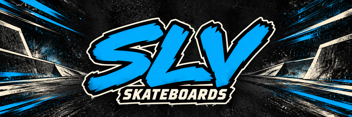 SLV Skateboards blue logo with electric-blue speed streaks on a dark skatepark background